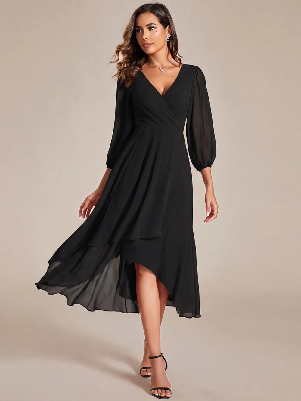 Ever Pretty Black V-Neck High-Low Chiffon Wrap Dress